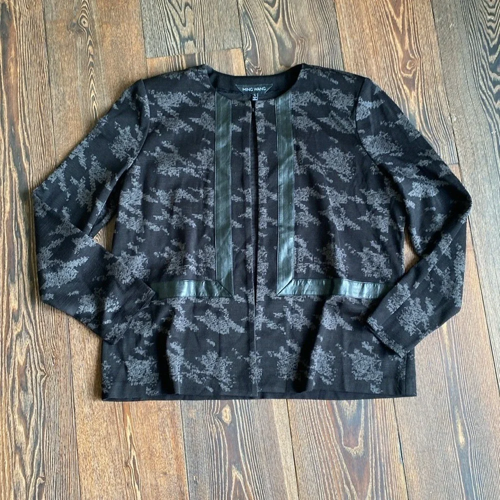 Ming Wang Women's Black and Gray Patterned Abstract Blazer Timeless Classic Sz L